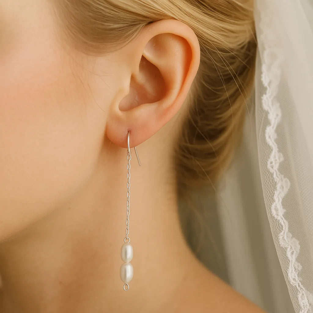 Salvatori Paris Solea Alba Silver Long Chain Pearl Drop Earrings
