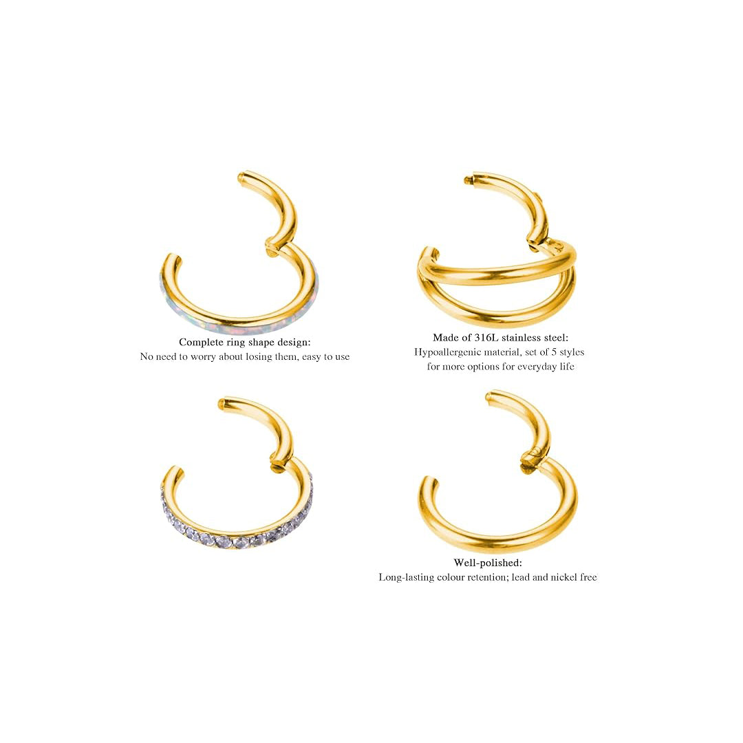Salvatori Paris Crystal Hinged and Plain Segment 5 Piece Ear Piercing Set