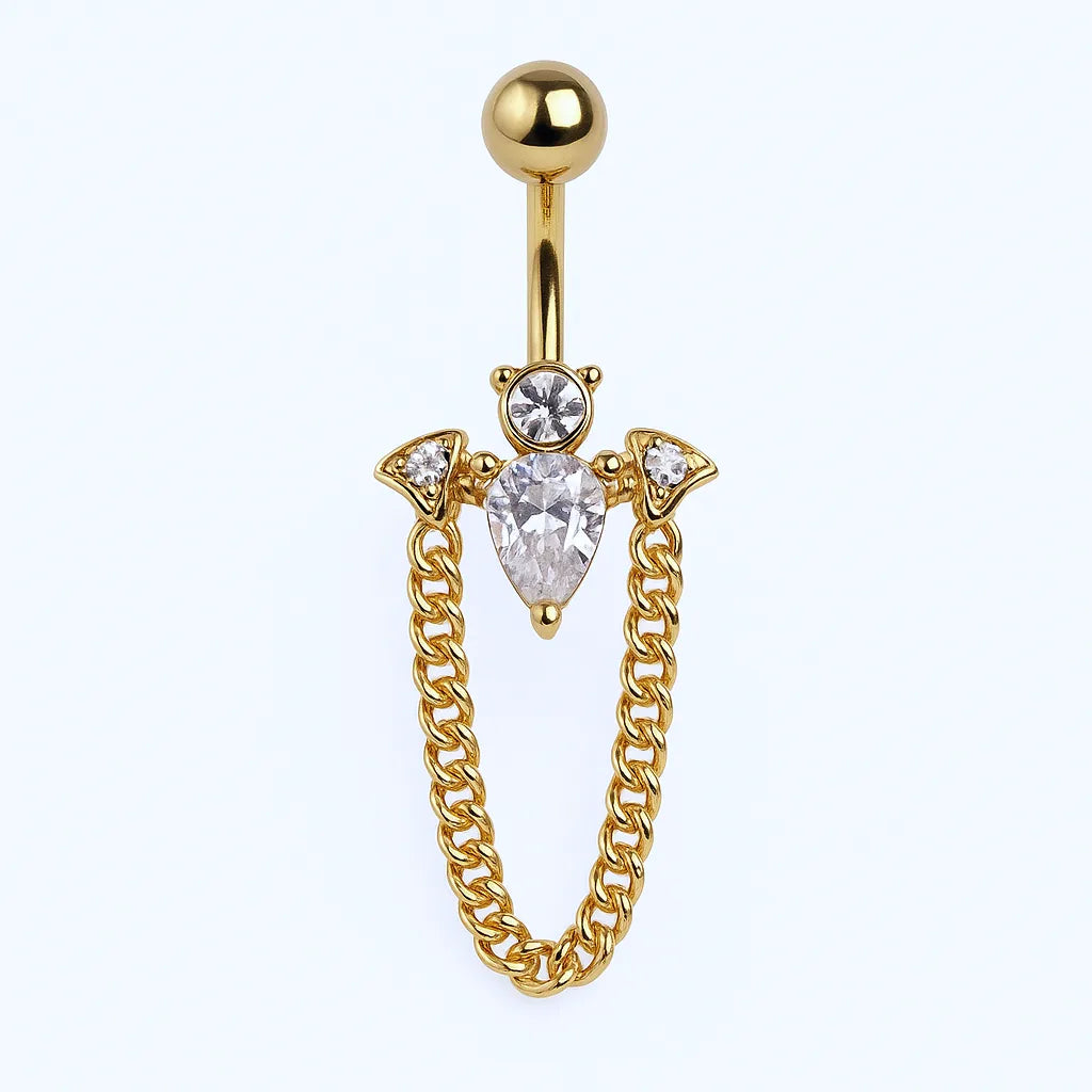 Salvatori Paris Gold Surgical Steel Crystal Bat Belly Piercing with Chain