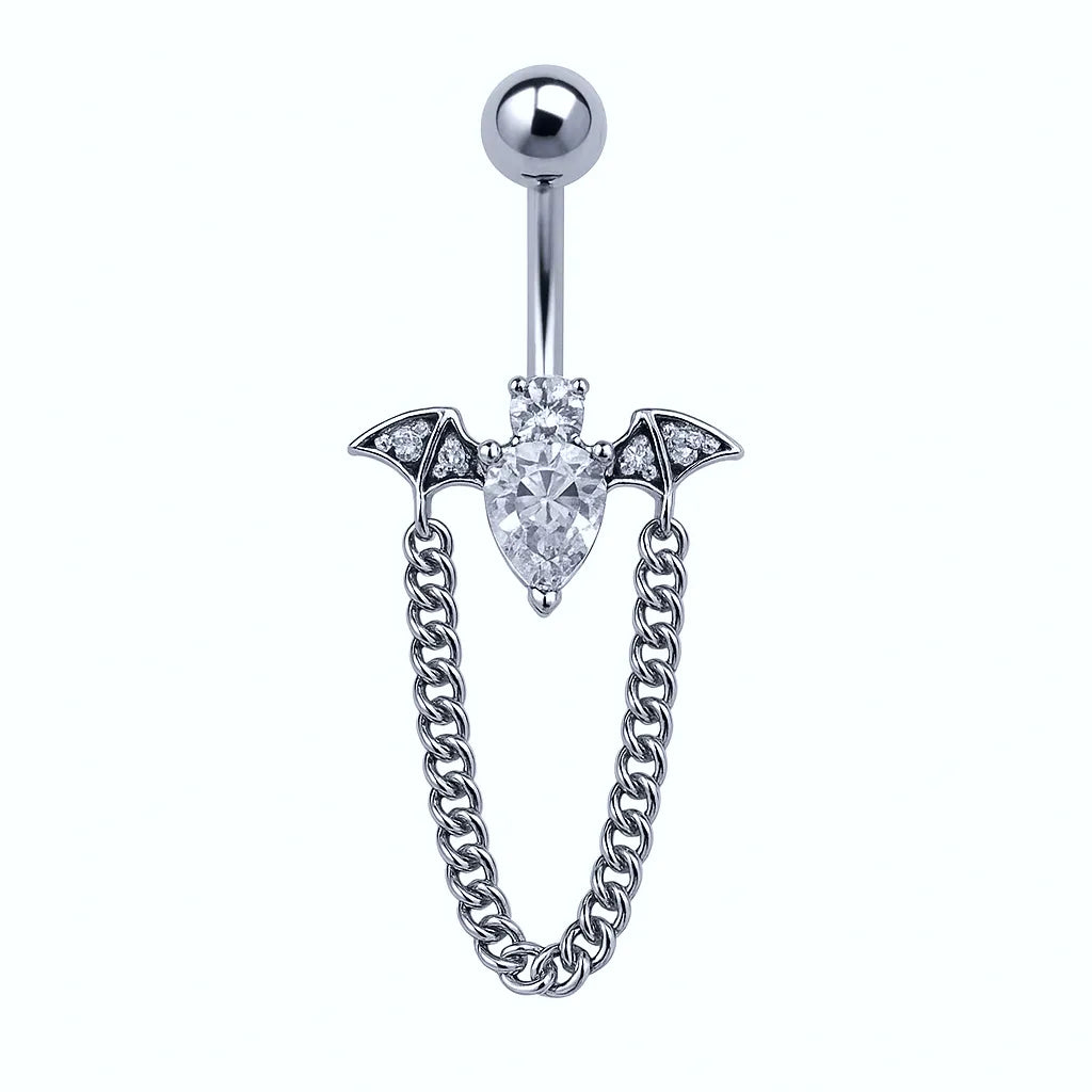 Salvatori Paris Silver Surgical Steel Crystal Bat Belly Piercing with Chain