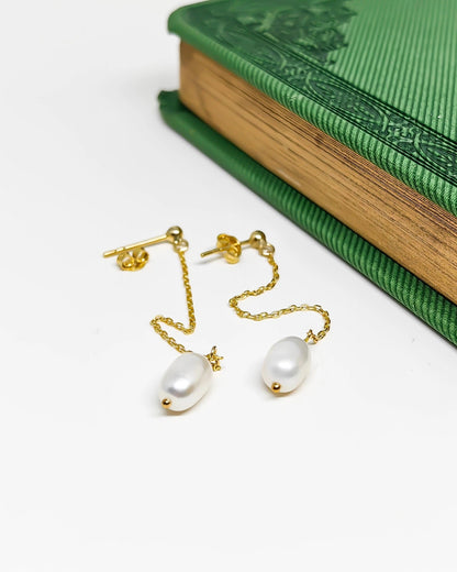 Salvatori Paris Silver Chain Long Pearl Drop Earrings Gold Filled