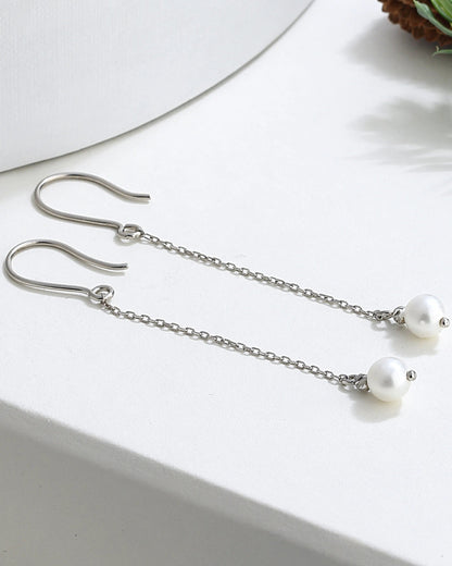 Salvatori Paris Modern Silver Long Pearl Drop Earrings