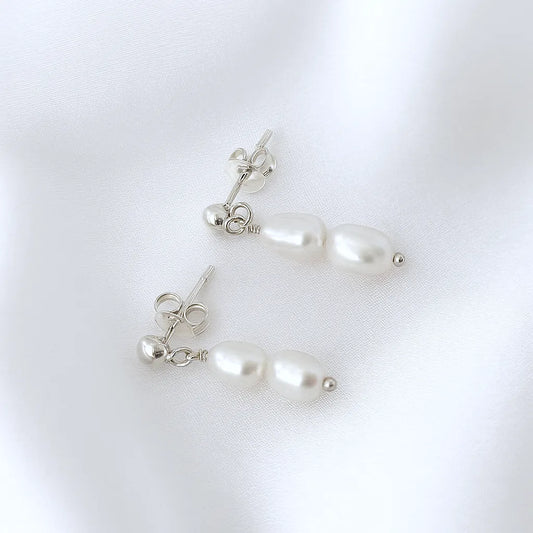 Salvatori Paris Fleur Céleste Silver Stud Double Pearl Drop Earrings