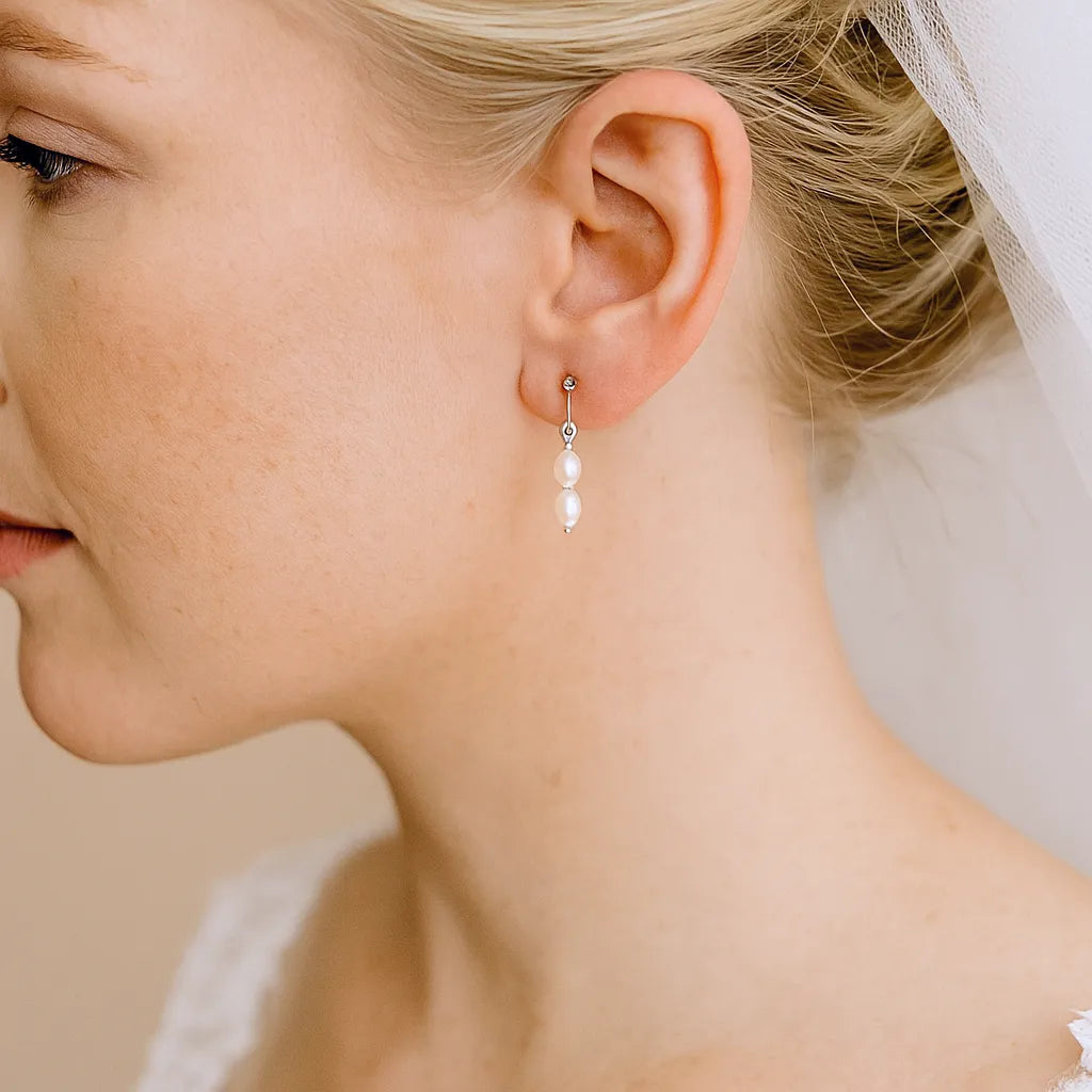 Salvatori Paris Fleur Céleste Silver Stud Double Pearl Drop Earrings