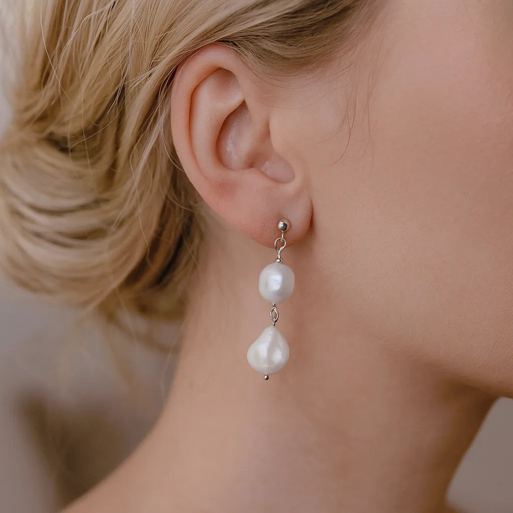 Salvatori Paris Perla Mystique Silver Stud Double Pearl Drop Earrings