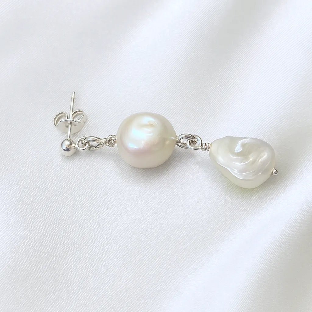 Salvatori Paris Perla Mystique Silver Stud Double Pearl Drop Earrings