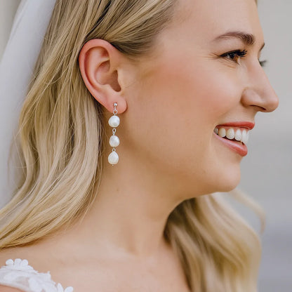 Salvatori Paris Reine Perla Silver Stud Three Pearl Drop Earrings