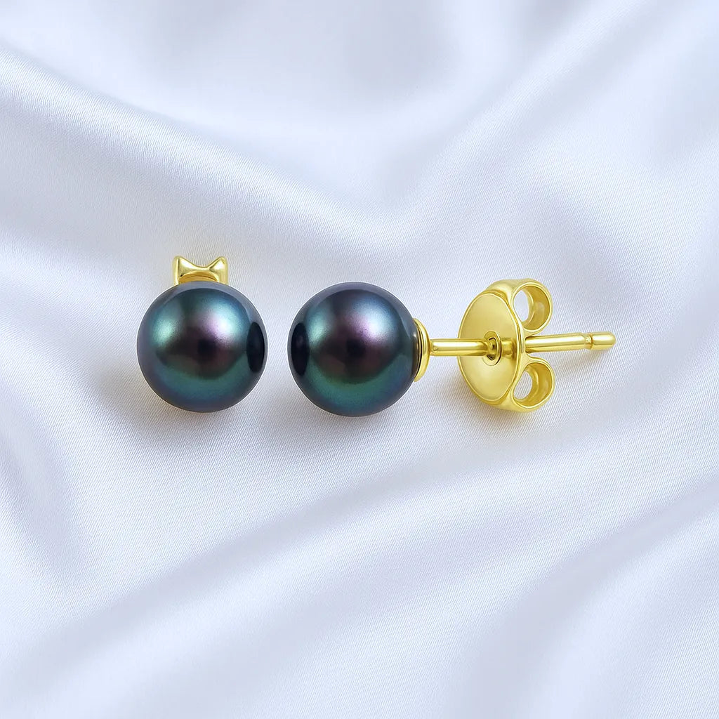 Salvatori Paris Voile d’Or 7mm Black Pearl Stud Earrings