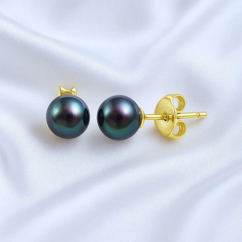 Salvatori Paris Voile d’Or 7mm Black Pearl Stud Earrings