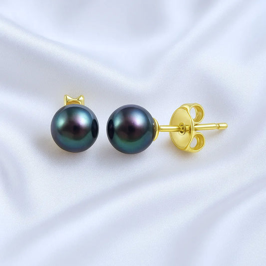 Salvatori Paris Voile d’Or 7mm Black Pearl Stud Earrings