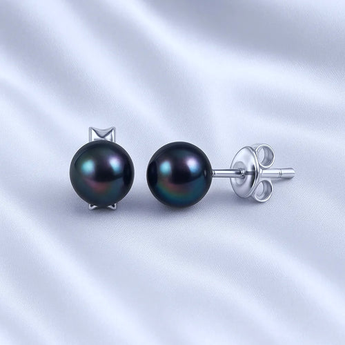 Salvatori Paris Voile d’Or Silver 7mm Black Pearl Stud Earrings