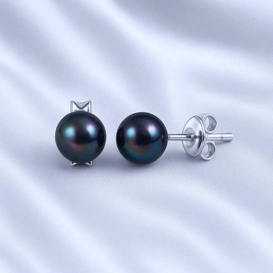 Salvatori Paris Voile d’Or Silver 7mm Black Pearl Stud Earrings