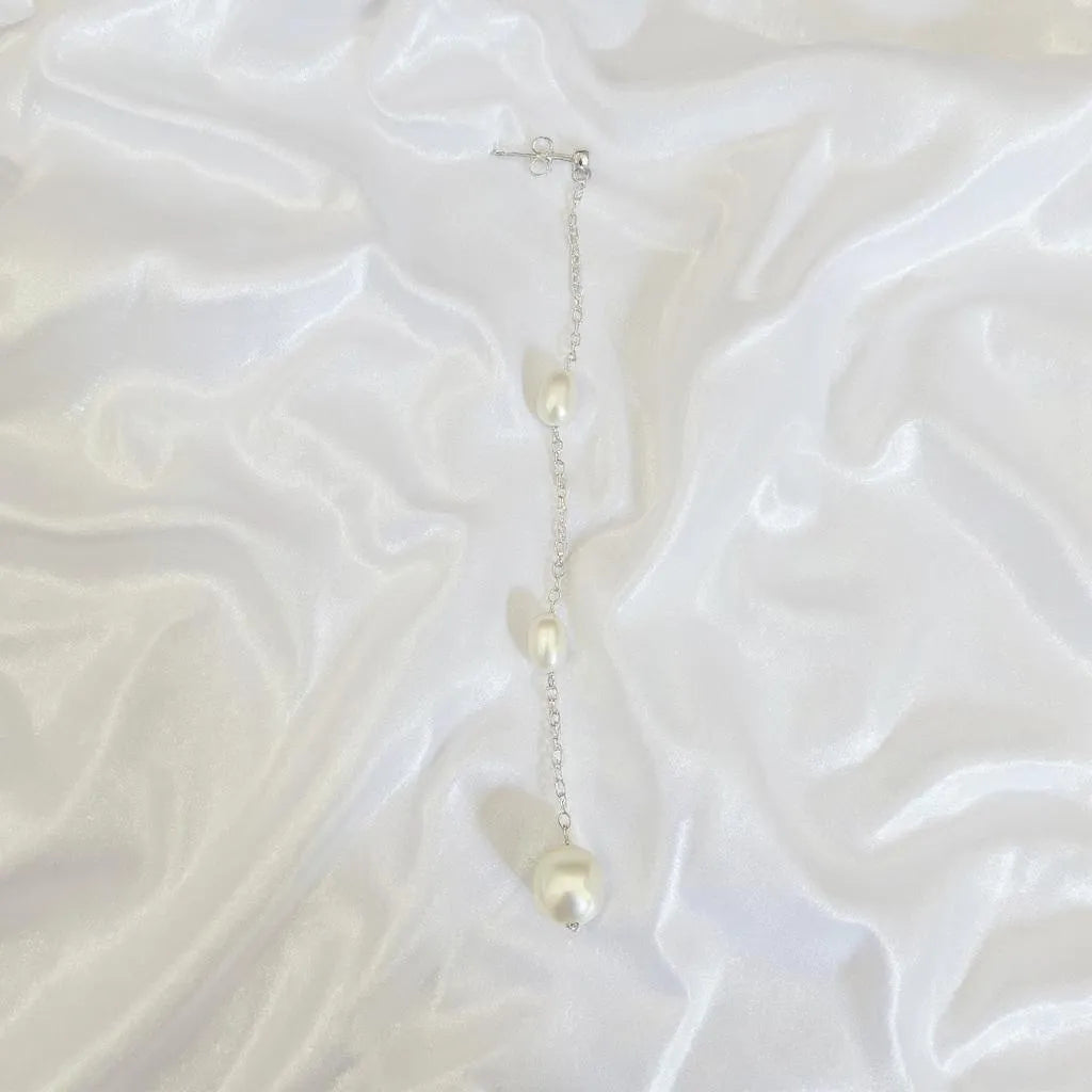 Salvatori Paris Vent Saphir Silver Stud Long Three Pearl Drop Earrings