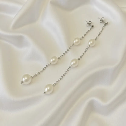 Salvatori Paris Vent Saphir Silver Stud Long Three Pearl Drop Earrings