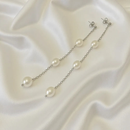 Salvatori Paris Vent Saphir Silver Stud Long Three Pearl Drop Earrings