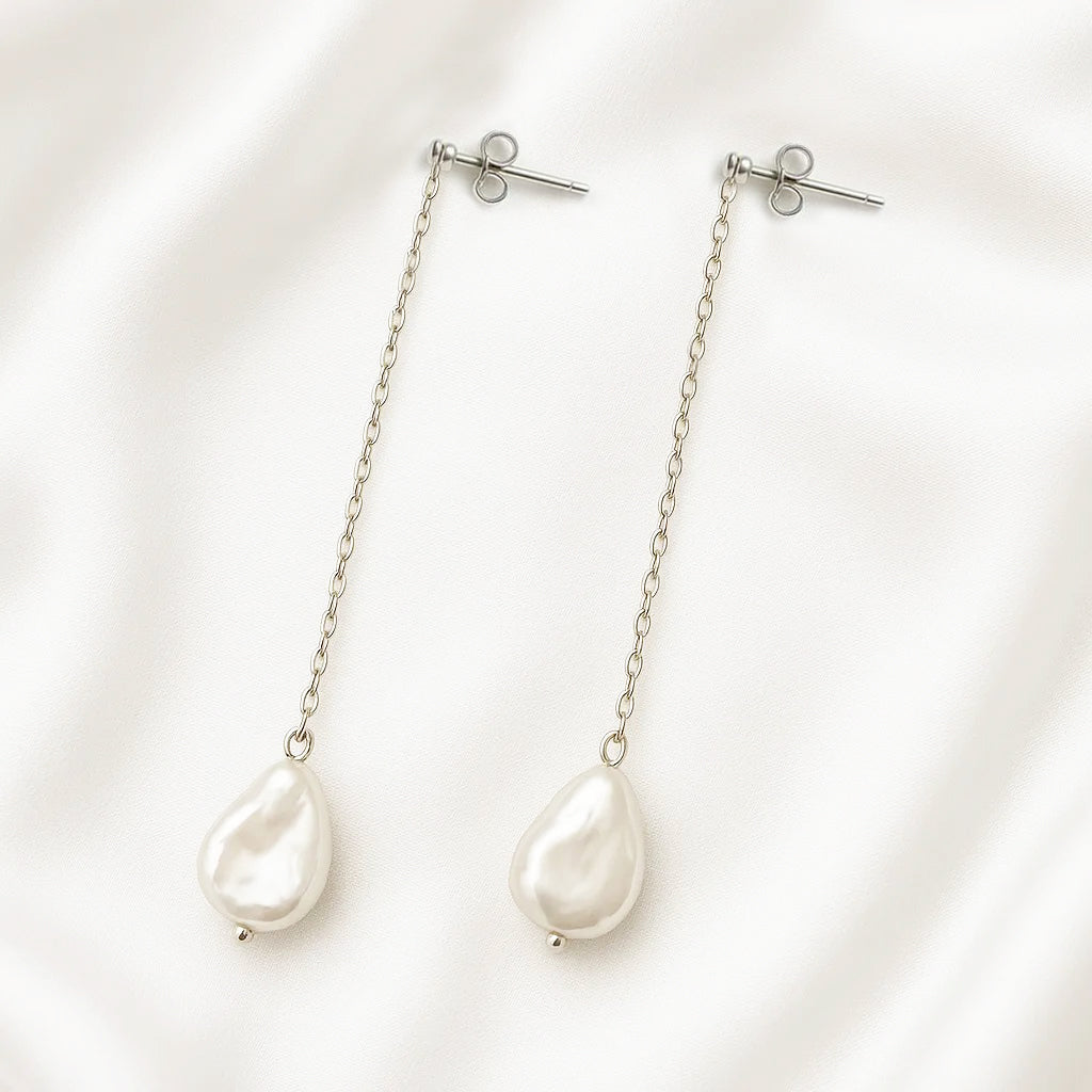Salvatori Paris Lys Doré Silver Long Chain Pearl Stud Earrings