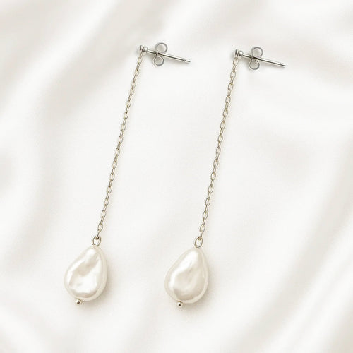 Salvatori Paris Lys Doré Silver Long Chain Pearl Stud Earrings
