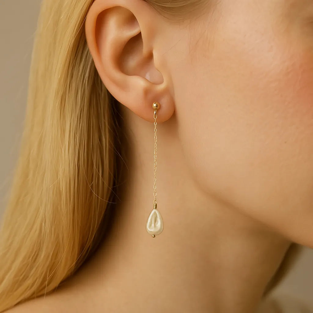 Salvatori Paris Lys Doré Long Chain Pearl Stud Earrings