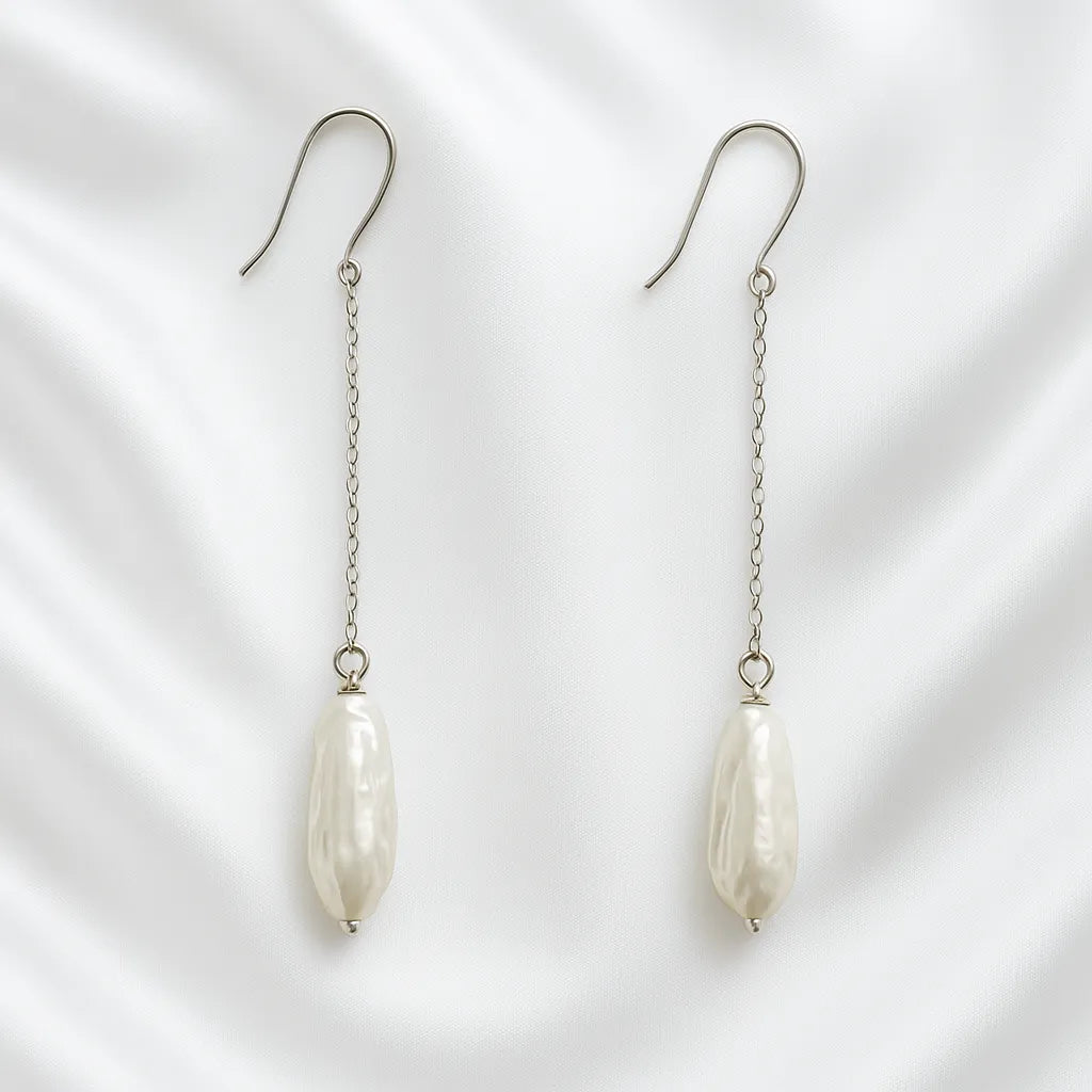 Salvatori Paris Perla Céleste Silver Long Chain Pearl Drop Earrings