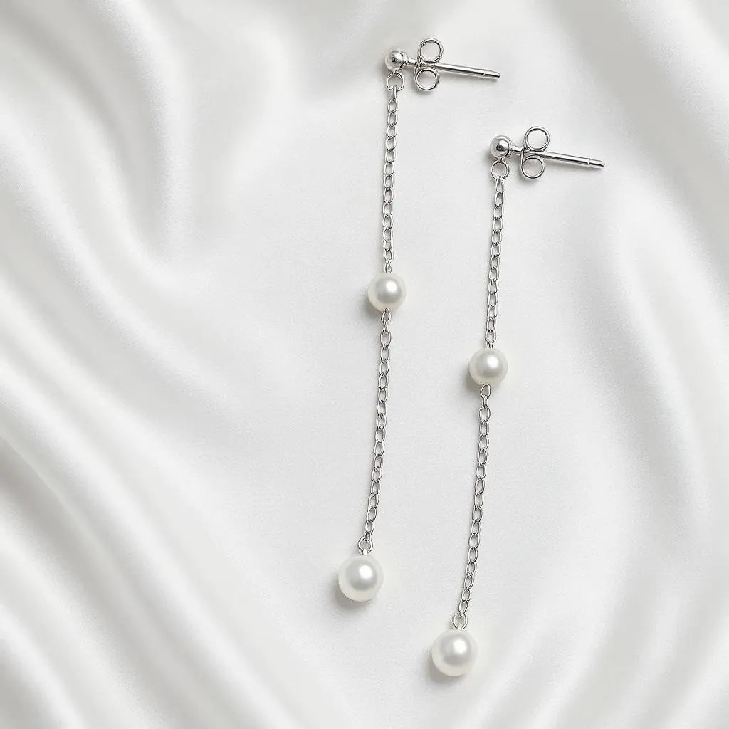 Salvatori Paris Douce Nuit Silver Long Chain Pearl Drop Earrings
