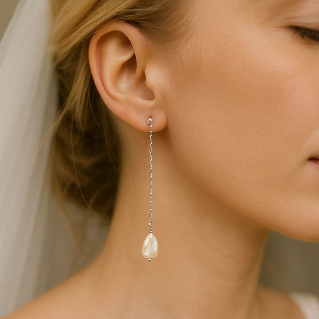 Salvatori Paris Lys Doré Silver Long Chain Pearl Stud Earrings