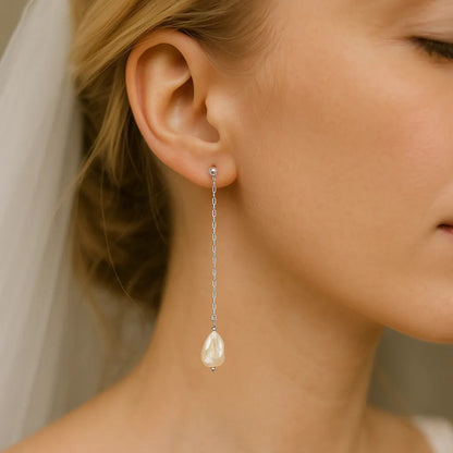Salvatori Paris Lys Doré Silver Long Chain Pearl Stud Earrings