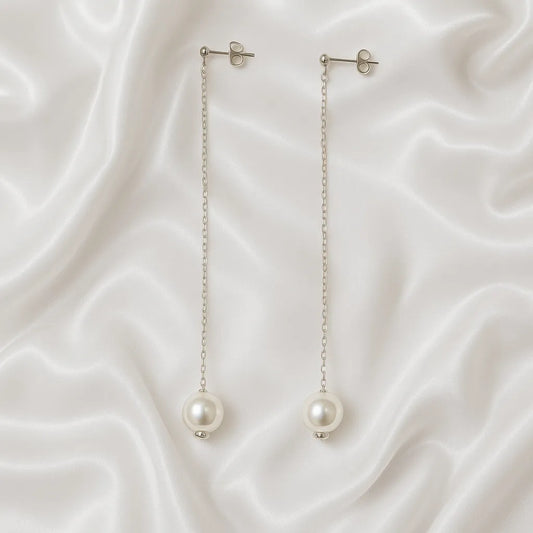 Salvatori Paris Douce Nuit Silver Stud Long Pearl Drop Earrings
