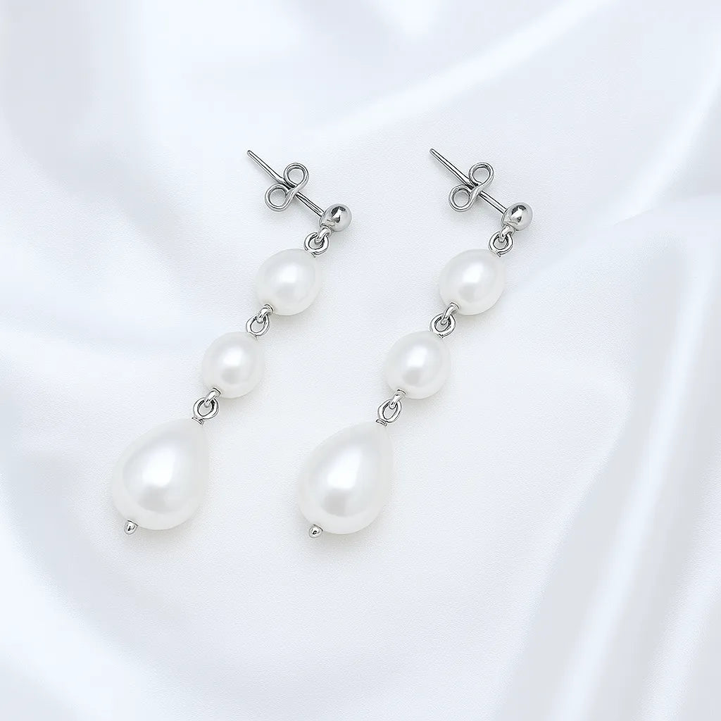 Salvatori Paris Reine Perla Silver Stud Three Pearl Drop Earrings