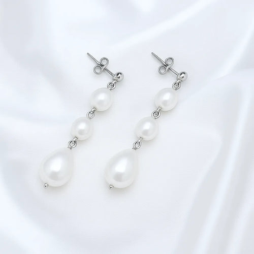 Salvatori Paris Reine Perla Silver Stud Three Pearl Drop Earrings