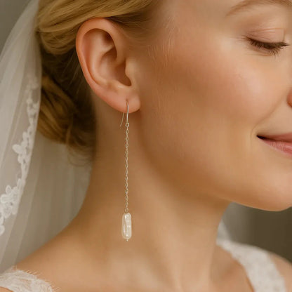 Salvatori Paris Perla Céleste Silver Long Chain Pearl Drop Earrings