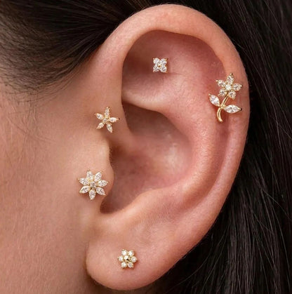 Salvatori Paris Crystal Flower Labret Stud Earring Ear Piercing Set – 5 Piece Curated Stack