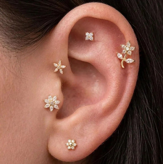 Salvatori Paris Crystal Flower Labret Stud Earring Ear Piercing Set – 5 Piece Curated Stack
