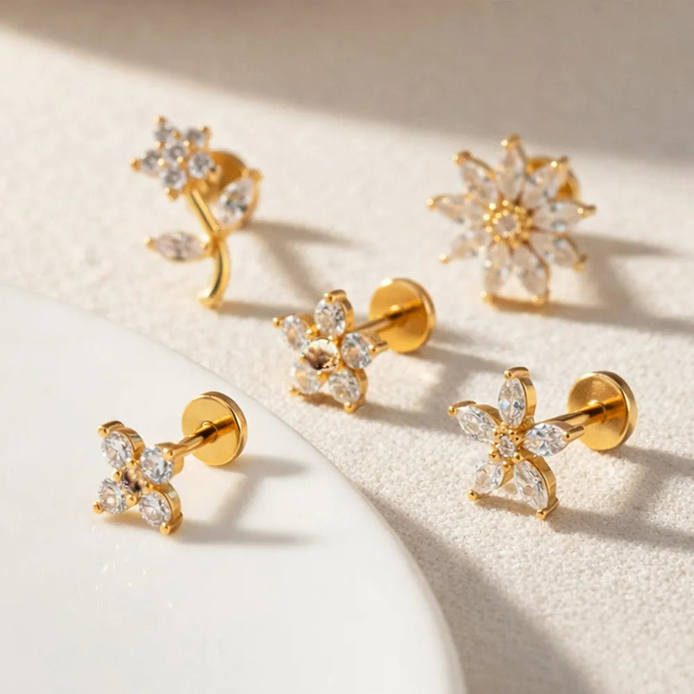 Salvatori Paris Crystal Flower Labret Stud Earring Ear Piercing Set – 5 Piece Curated Stack