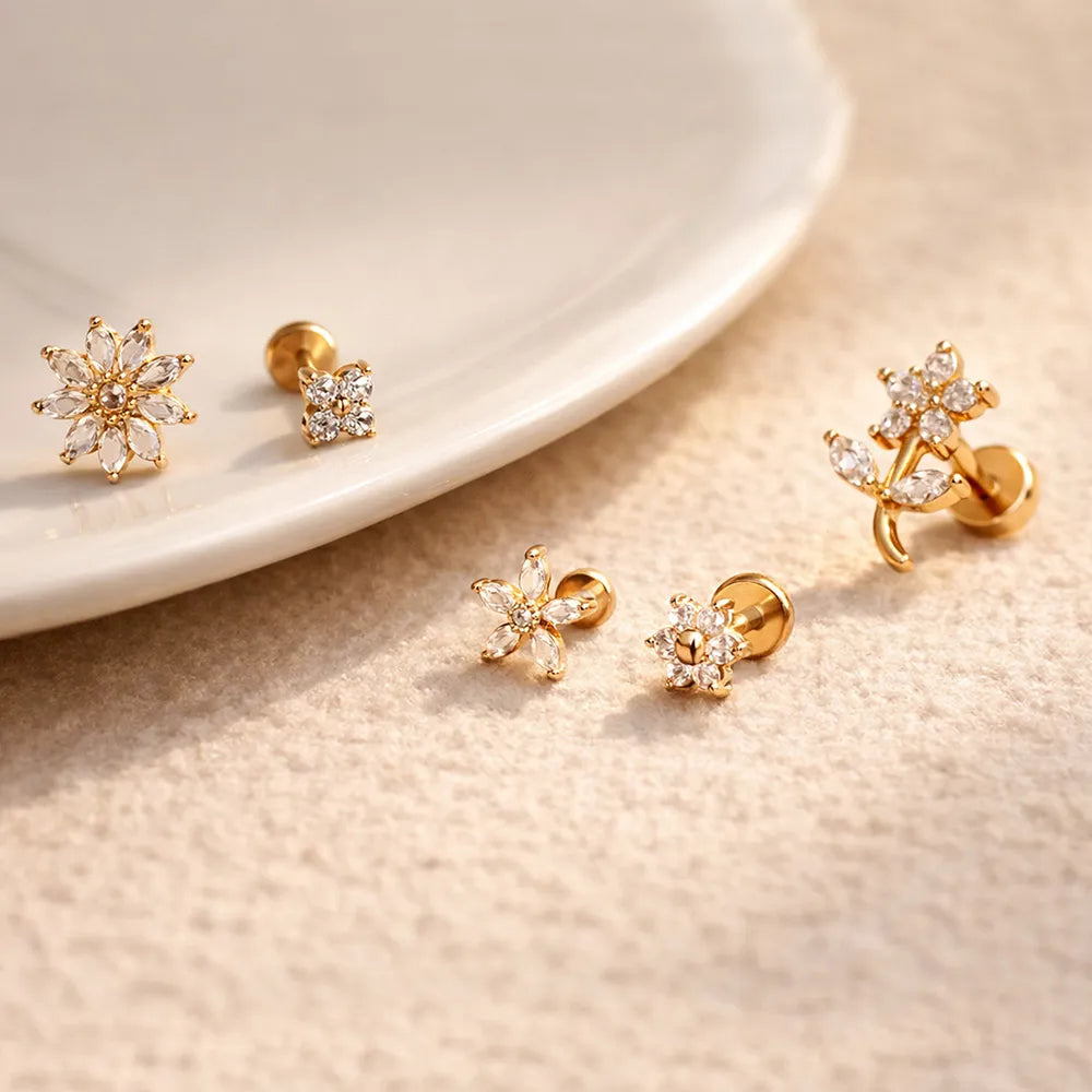 Salvatori Paris Crystal Flower Labret Stud Earring Ear Piercing Set – 5 Piece Curated Stack