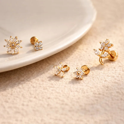 Salvatori Paris Crystal Flower Labret Stud Earring Ear Piercing Set – 5 Piece Curated Stack