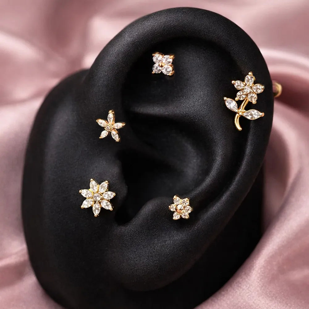 Salvatori Paris Crystal Flower Labret Stud Earring Ear Piercing Set – 5 Piece Curated Stack
