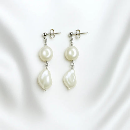 Salvatori Paris Perla Mystique Silver Stud Double Pearl Drop Earrings