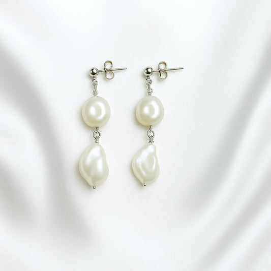 Salvatori Paris Perla Mystique Silver Stud Double Pearl Drop Earrings