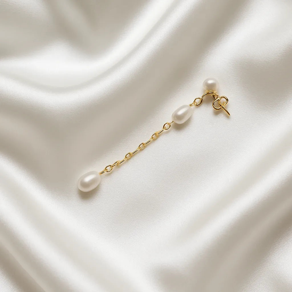 Salvatori Paris Fleur Céleste Chain Double Pearl Drop Earrings