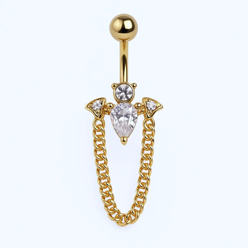 Salvatori Paris Gold Surgical Steel Crystal Bat Belly Piercing with Chain