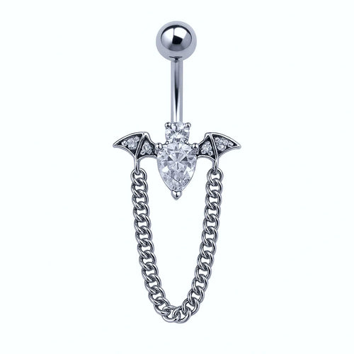 Salvatori Paris Silver Surgical Steel Crystal Bat Belly Piercing with Chain