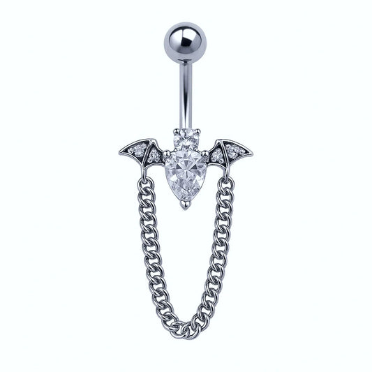 Salvatori Paris Silver Surgical Steel Crystal Bat Belly Piercing with Chain